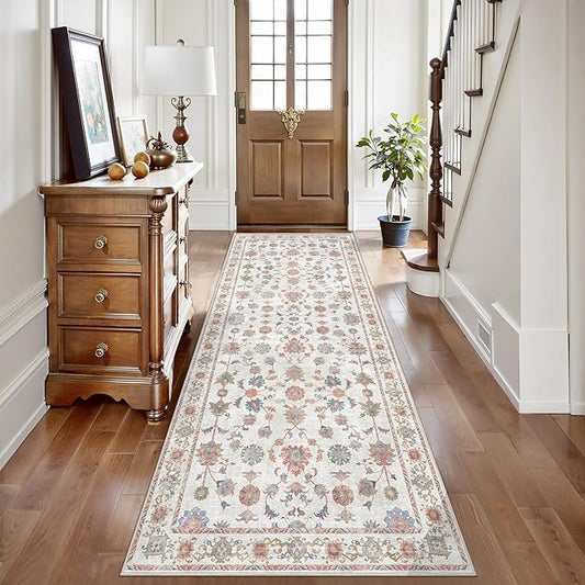 Tangsoo Runner Rug Hallway 2.6x8 Washable Carpet Runner Boho Vintage Floral Distressed Print Non Slip Soft Low-Pile Indoor Rug for Kitchen, Entryway, Bedroom, Laundry, Hallway Runner (Home Decor)