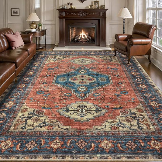 Tangsoo 6x9 Area Rug Washable Rugs for Living Room, Oriental Indoor Non Slip Large Area Rugs, Vintage Print Carpet, Soft Low Pile Foldable Floor Rug for Bedroom Dining Room Dorm Terracotta