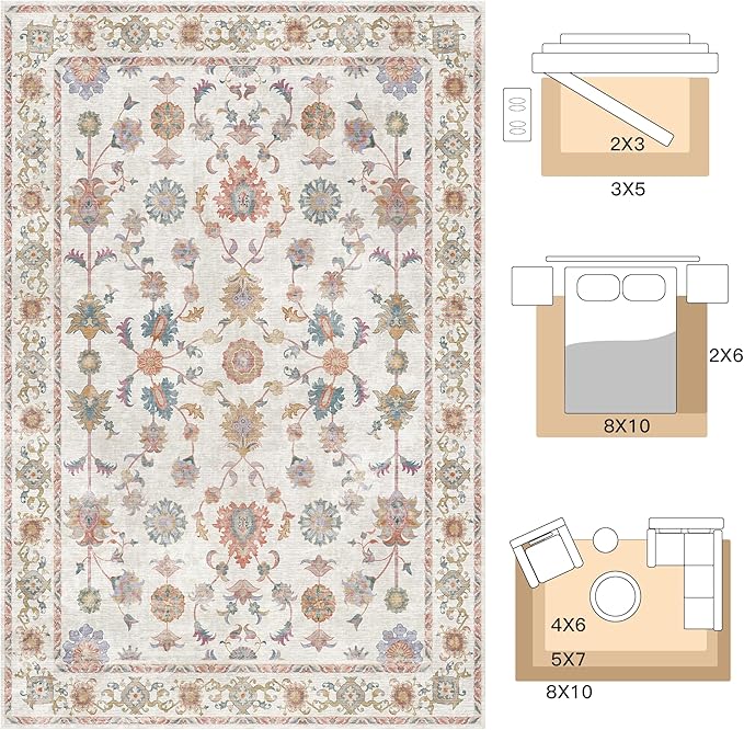 Tangsoo Washable Area Rug, 3x5 Pottery Barn Neutral Floral Rugs for Bedroom Living Room, Vintage Boho Non Slip Low Pile Beige Carpet for Farmhouse Nursery Office Laundry, Pet & Child Friendly