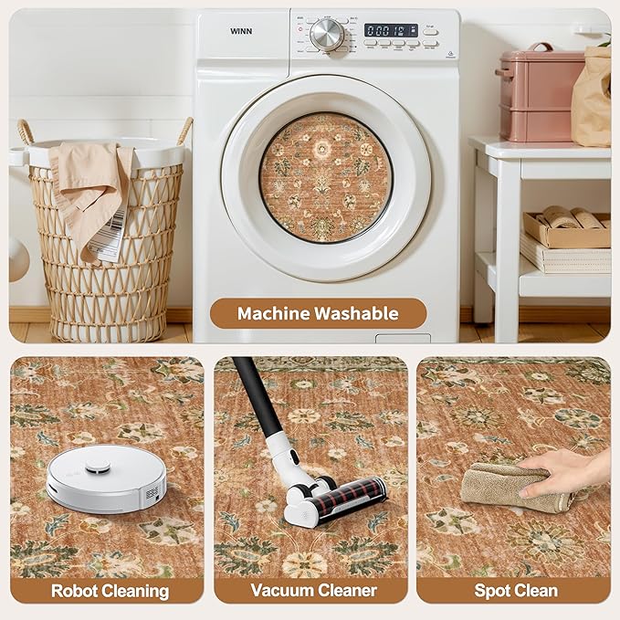 Tangsoo Floral Small Rug 2x3 Washable Rug for Entryways Vintage Non-Slip Area Rugs Terracotta Entry Rugs Distressed Floor Carpet Soft Low Pile Door Mat for Entrance Bedroom Kitchen Foyer Decor