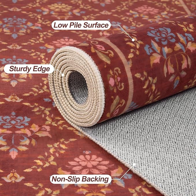 Tangsoo 2x6 Washable Runner Rug for Hallways, Non Slip Red Floral Carpet Runner, Soft Low Pile Floor Carpet Runner for Kitchen, Laundry, Bedroom, Bathroom, Living Room Home Decor
