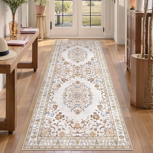 Tangsoo 2x6 Washable Runner Rug Non Slip, Vintage Boho Neutral Hallway Rug for Entry Kitchen, Soft Low Pile Beige Floor Carpet Runner for for Laundry, Bedroom, Living Room Home Decor