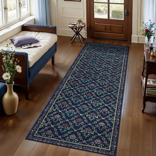 Tangsoo 2x6 Washable Runner Rug for Hallways, Non Slip Blue Floral Carpet Runner, Soft Low Pile Floor Carpet Runner for Kitchen, Laundry, Bedroom, Bathroom, Living Room Home Decor