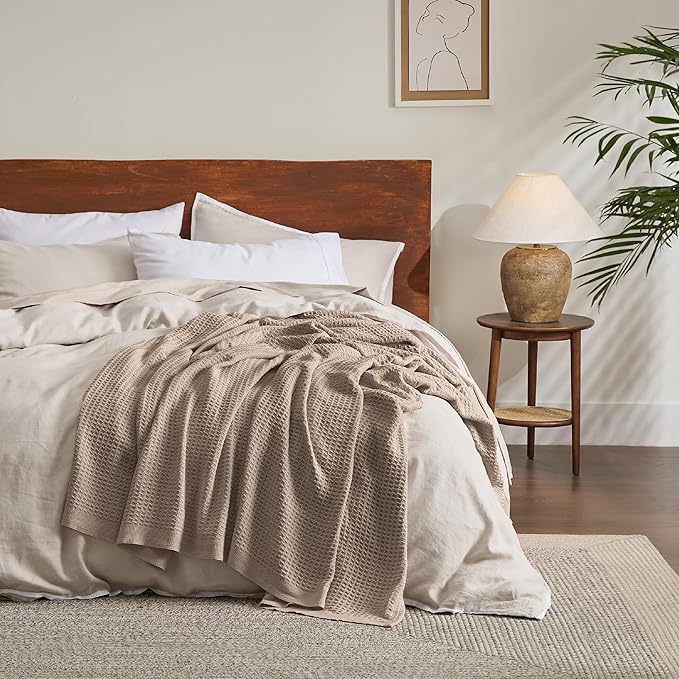 Bedsure Gentlesoft 100% Cotton Blanket Twin XL Size for College Dorm - Breathable and Soft, Waffle Weave Twin Blanket for Summer, Dorm Room Essentials, Light Brown, 66x90 inches