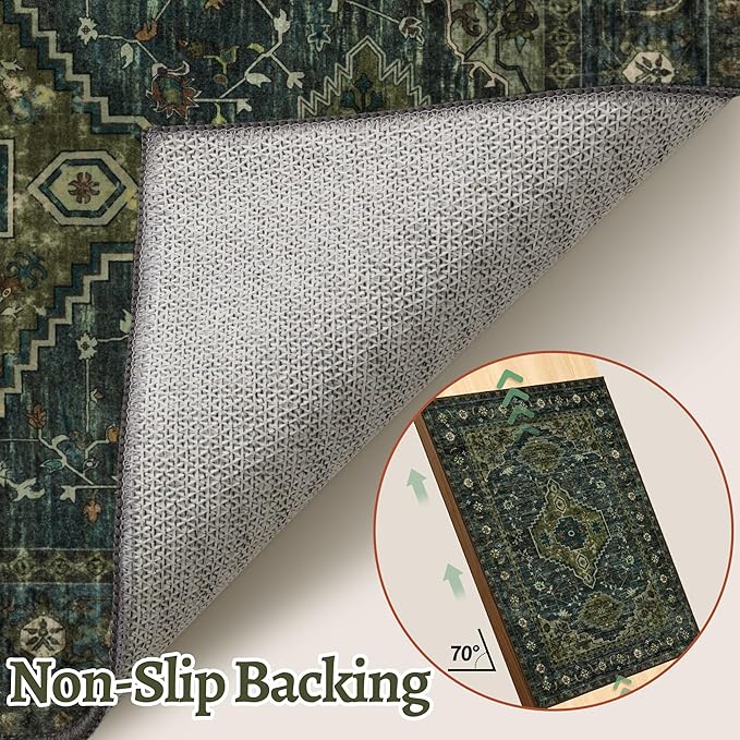 Tangsoo 2.6x10 Washable Hallway Runner Rug, Non Slip Vintage Runner Rug for Hallways, Soft Low Pile Long Rug Runner, Print Distressed Carpet Runners for Kitchen Bedroom Entryway Living Room Green