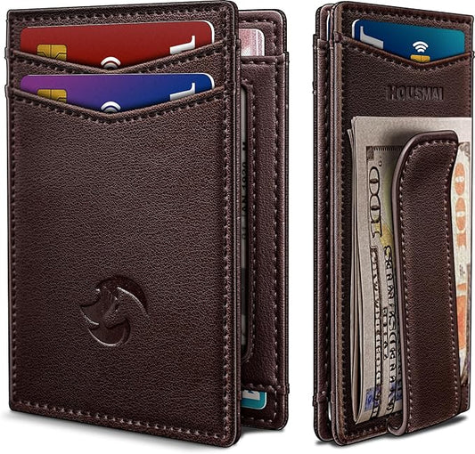 Housmai Magnetic Closure Slim Wallet with Money Clip Gift Boxed,Genuine Leather Front Pocket Wallet for Men, 3.9"x 2.8", RFID Blocking