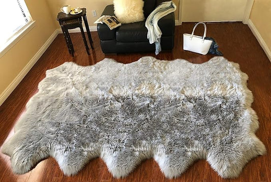 Free Shape Luxury Soft Fluffy Shag Area Rug Decto 10 Pelts 6'x10', 180x300cm - Vegan Fur Ultra Soft Indoor Carpet Nursery Rugs for Bedroom Home Decor, Grey