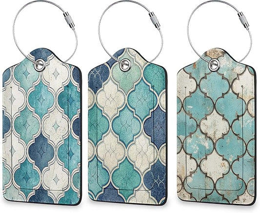 Blue Tiles Luggage Tags for Suitcase 3 Pack, Leather Bag Tags Identifiers with Privacy Name Address Labels and Durable Steel Loop for Men Women Backpack