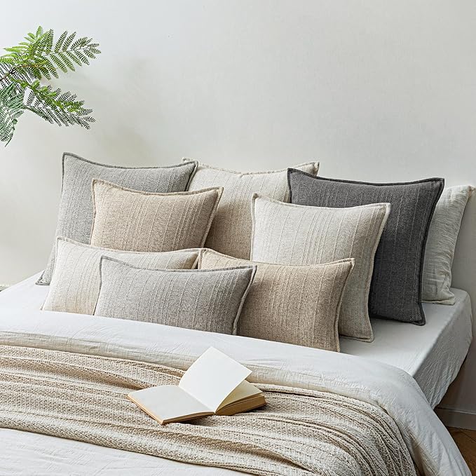 a moment Linen Pillow Covers Set of 2,Boho Farmhouse Throw Pillowcases Neutral Textured Decorative Covers for Couch Sofa,Soft Linen Blend Accent Case Cushion Living Room Home Decor 20"x12"Rustic Gray