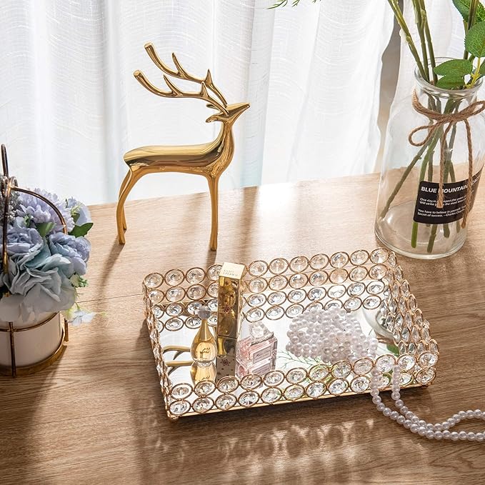 Feyarl 10 Inch Crystal Cosmetic Perfume Tray Vanity Makeup Jewelry Trinket Organizer Mirrored Decorative Tray Storage Home Deco Wedding Dresser Birthday Gift (Gold)