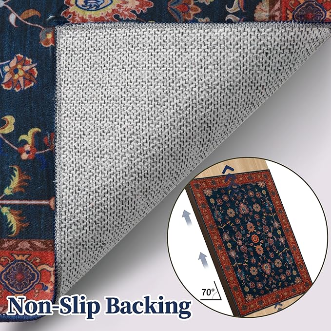 Tangsoo Floral Area Rug 3x5 Machine Washable Red Blue Rug Non-Slip Vintage Distressed Boho Print, Low Pile Carpet for Living Room, Bedroom, Dining Room, Pet & Child Friendly (Red Blue)