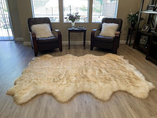 LAMBZY Faux Sheepskin Super Soft Hypoallergenic Silky Shag Rug for Living Room, Kids Room, Sofa (Octo 8 Pelts 6'x8', White/Brown Tips)