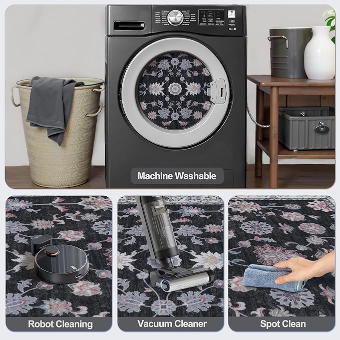 Tangsoo Floral Area Rug 4x6 Machine Washable Rug Non-Slip Vintage Distressed Boho Print, Low Pile Carpet for Living Room, Bedroom, Dining Room, Pet & Child Friendly (Room Decor)