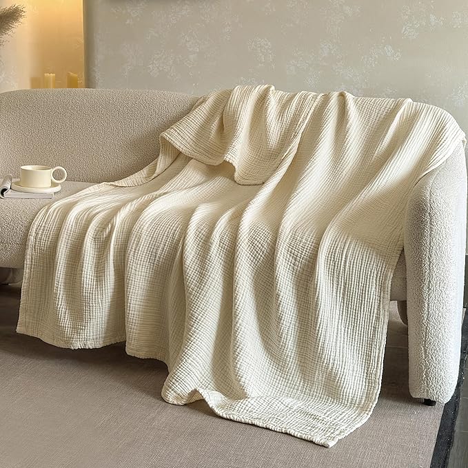 FALUCA Cotton Muslin Reversible Blanket Twin Size for Bed, Couch, Four Layers Blanket, Soft Lightweight Cozy Breathable Farmhouse Decoration for All-Season, Beige