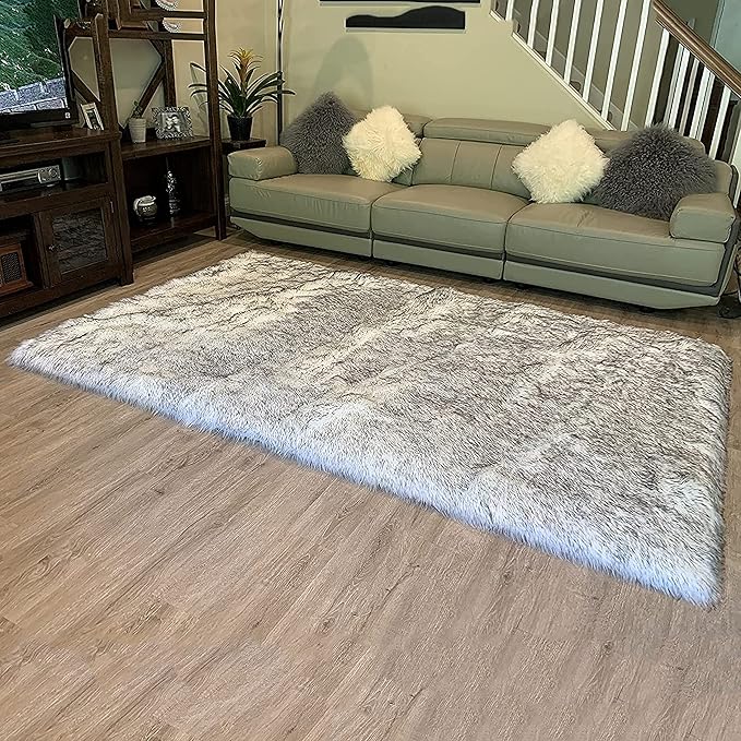 LAMBZY High Pile Super Fluffy Soft Faux Sheepskin Rug | Faux Sheepskin Rugs for Living Room Playroom Bedroom | Classic Super Soft to Touch Rug (12'x15, White/Black Tips)