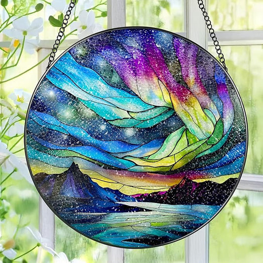 Stained Glass Window Hanging - 8 Inch Aurora Borealis Suncatcher for Window Doors Home Decoration, Valentine's Day Mother's Day Christmas Birthday Gifts for Women, Men, and Mom Grandma