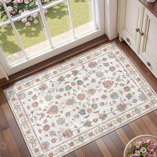 Tangsoo Floral 2x3 Washable Rug,Vintage Floral Indoor Boho Rugs,Non-Slip Print Distressed Rug for Entryway, Soft Low Pile Small Area Rug for Front Door Kitchen Bedroom