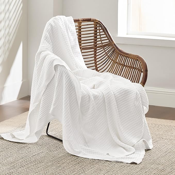 Bedsure Gentlesoft 100% Cotton Large Throw Blanket for Couch 50x70 inches - Breathable and Soft, Waffle Weave Throw Blanket for Office, White