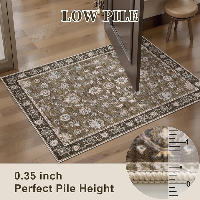 Tangsoo 2x6 Washable Runner Rug for Hallway, Non Slip Boho Vintage Brown Floral Rug Runner for Kitchen Entryway, Distressed Floor Carpet Soft Low Pile Indoor Mat for Bedroom Bathroom Laundry