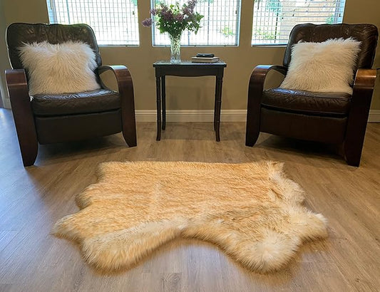 LAMBZY Faux Sheepskin Super Soft Hypoallergenic Silky Shag Rug for Living Room, Kids Room, Sofa (Double Side by Side 3'x4, White/Brown Tips)