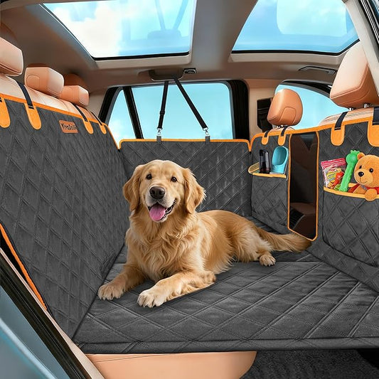 Hard Bottom Back Seat Extender for Dogs, Waterproof Dog Car Seat Cover, 420lb Support, 600D Heavy Duty Car Seat Protector Dog Hammock for Sedan, SUV, Small Truck(Black & Orange)