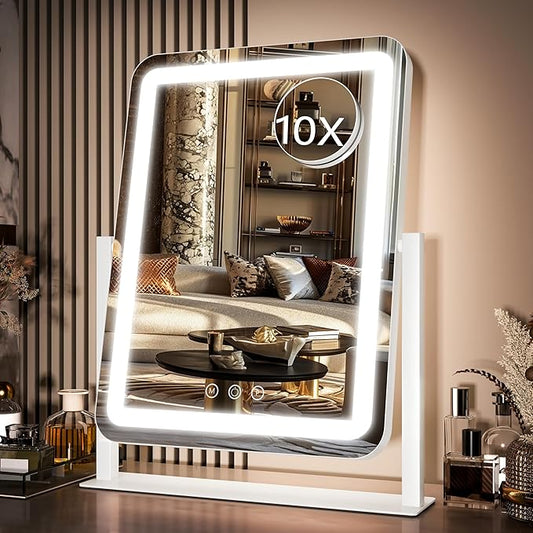 Hollywood Vanity Mirror with Lights, 17" L x 13" W LED Lighted Makeup Mirror, Dimmable & Three Color Lighting Modes, 10X Magnification Mirror, CRI>95% HD, 20W High Brightness (96 LED)