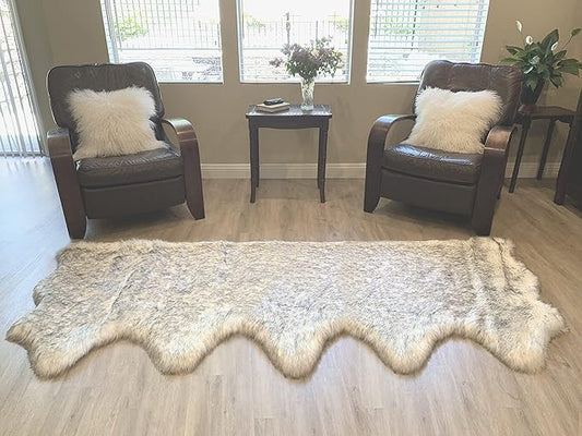 LAMBZY Faux Sheepskin Super Soft Hypoallergenic Silky Shag Rug for Living Room, Kids Room, Sofa (5 Pelts Side by Side 3'x10', White/Black Tips)