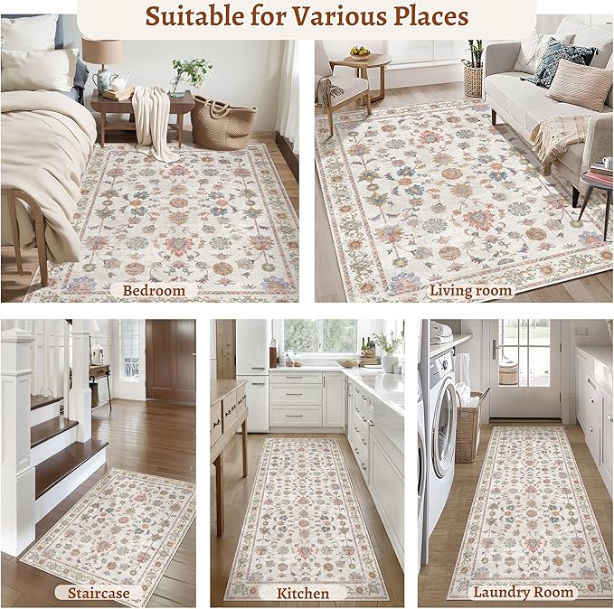 Tangsoo Runner Rug Hallway 2.6x10 Washable Carpet Runner Boho Vintage Floral Distressed Print Non Slip Soft Low-Pile Indoor Rug for Kitchen, Entryway, Bedroom, Laundry, Hallway Runner(Home Decor)
