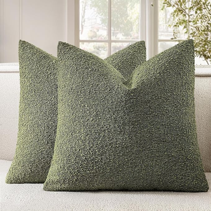 Woaboy Pack of 2 20x20 Inch Decorative Boucle Throw Pillow Covers Textured Square Pillowcaes Accent Solid Cozy Soft Cushion Covers Home Decor for Sofa Couch Living Room Home Decor,Olive Green