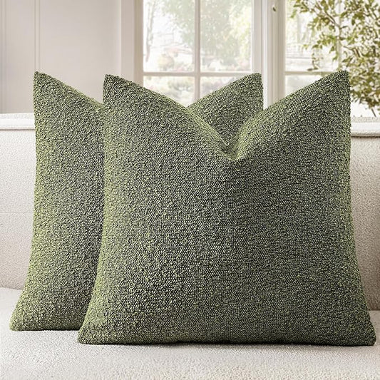 Woaboy Pack of 2 18x18 Inch Decorative Boucle Throw Pillow Covers Textured Square Pillowcaes Accent Solid Cozy Soft Cushion Covers Home Decor for Sofa Couch Living Room Home Decor,Olive Green