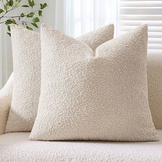 ANRODUO Pack of 2 Textured Boucle Throw Pillow Covers Soft Beige Euro Decorative Accent Solid Pillow Cases Cozy Modern Couch Cushion Case for Chair Sofa Bedroom Living Room Home Decor, 22 x 22 Inch