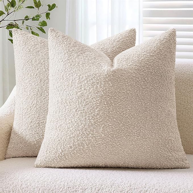 ANRODUO Pack of 2 Textured Boucle Throw Pillow Covers Soft Beige Euro Decorative Accent Solid Pillow Cases Cozy Modern Couch Cushion Case for Chair Sofa Bedroom Living Room Home Decor, 24 x 24 Inch