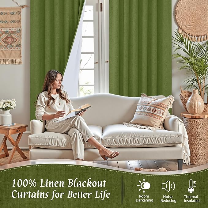 LAMIT Olive Green 100% Blackout Linen Curtains, 80 Inch Linen Textured Living Room Bedroom Drapes Room Darkening Back Tab and Rod Pocket Christmas Panels with White Liner, 2 Panels, 52 x 80 Inch