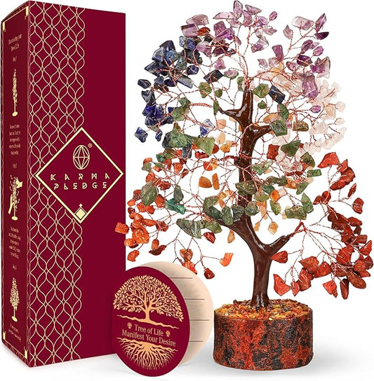 KARMAPLEDGE 7 Chakra Healing Crystal Tree of Life with Manifestation Card, Handmade Copper Wire Crystal Tree for Good Luck, Positive Energy, Wealth, Reiki Healing, and Decor, Gift for Women and Mom