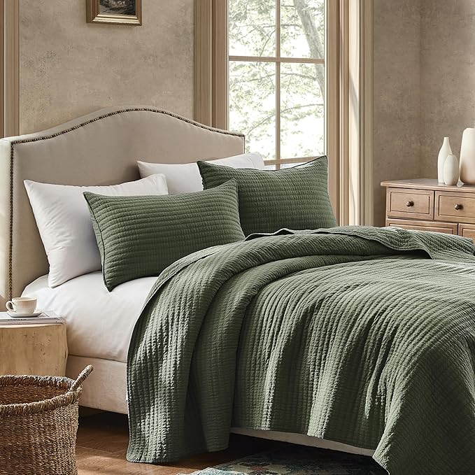 WDCOZY 100% Cotton Queen Size Quilt Set - Olive Green Striped Pick Stitch Soft Lightweight Bedspread, Textured Like Linen, Farmhouse Country Rustic Coverlet, Shabby Chic Gauze Bedding, 3 Pieces
