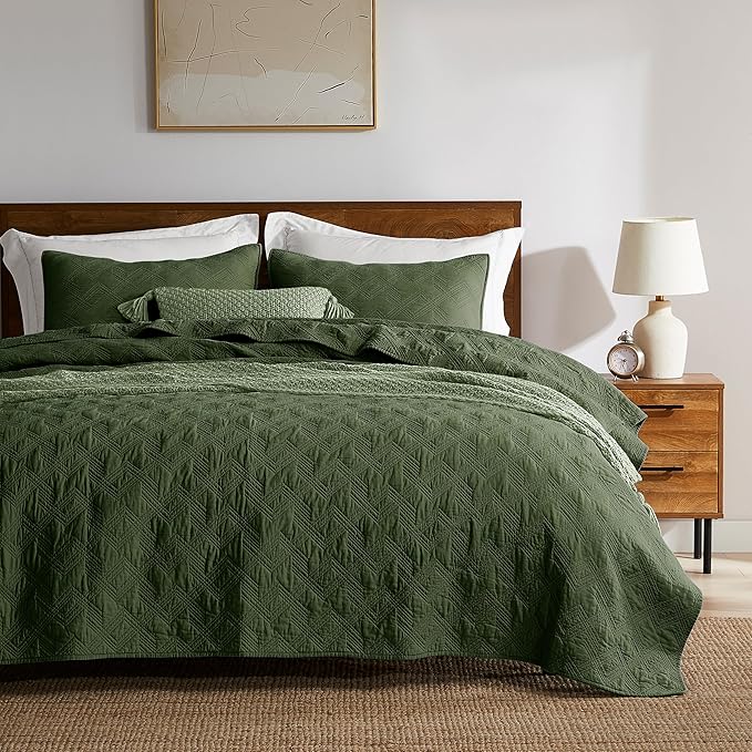 WDCOZY 100% Cotton Queen Size Quilt Set - Olive Green Pre-Washed Soft Lightweight Modern Bedspread, Farmhouse Country Rustic Coverlet, Textured Like Linen, Shabby Chic Gauze Bedding, 3 Pieces