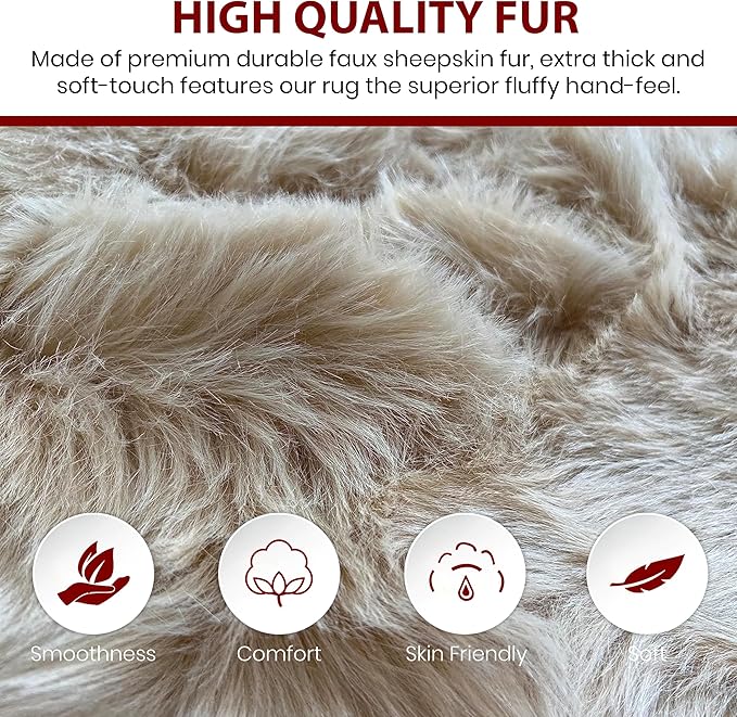 LAMBZY Faux Sheepskin Super Soft Hypoallergenic Silky Shag Rug for Living Room, Kids Room, Sofa (Duo Decto 12 Pelts 6'x12', Beige)