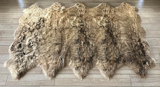 Free Shape Luxury Soft Fluffy Shag Area Rug Decto 10 Pelts 6'x10', 180x300cm - Vegan Fur Ultra Soft Indoor Carpet Nursery Rugs for Bedroom Home Decor, Brown with Beige Tips