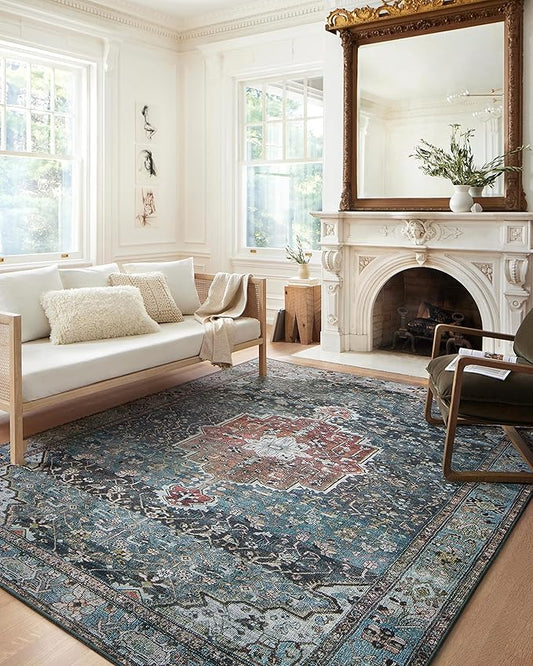 Loloi Margot Collection MAT-05 Ocean/Brick 2'-0" x 5'-0" Accent Rug feat. CloudPile, No-Shed Easy Clean Large Patterned Area Rug for Living Room, Bedroom, Dining Area