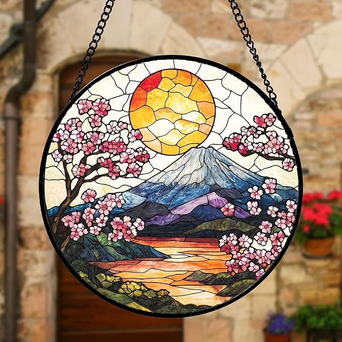 Stained Glass Window Hanging, Sun Blooming Cherry Blossoms Suncatcher Diamond Glass Panel Sun Catchers Decor for Birthday for Women, Men, Wife, Aunt, and Mom 9.8 in