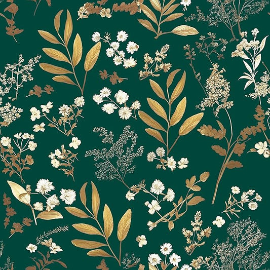 Dark Green Floral Wallpaper Peel and Stick Green Golden Leaf Wallpaper Vintage Floral Contact Paper Waterproof Self Adhesive Boho Delicate Wall Paper for Cabinet Rooms Walls Locker 17.5" x 118"