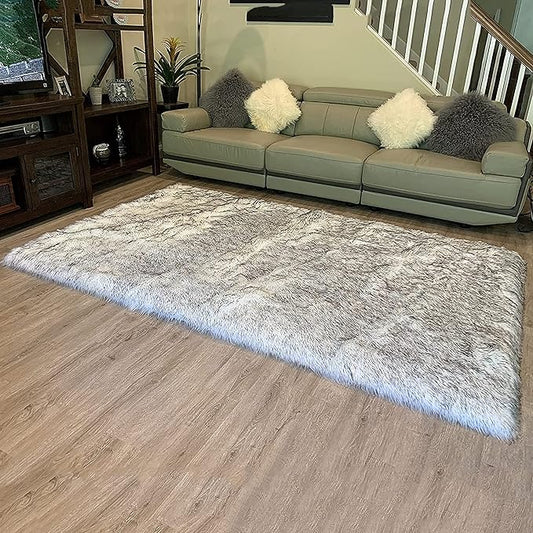 LAMBZY High Pile Super Fluffy Soft Faux Sheepskin Rug | Faux Sheepskin Rugs for Living Room Playroom Bedroom | Classic Super Soft to Touch Rug (12'x15, White/Black Tips)