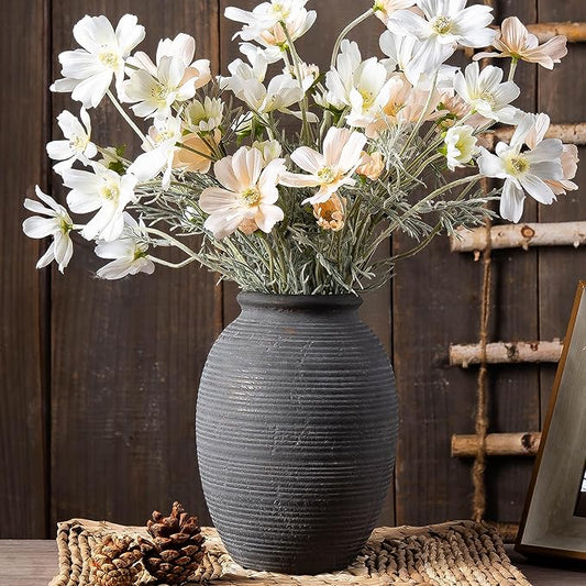 8 Inch Ceramic Black Vase -Rustic Flower Decorative Vases for Home Decor- Vintage Pottery VaseTerracotta Vase for Christmas, Farmhouse House Shelf Decor Farmhouse Table, Lyeec