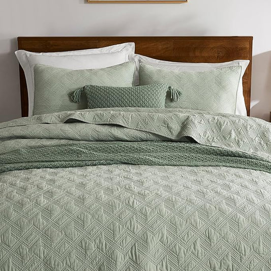 WDCOZY 100% Cotton Twin Size Quilt Set - Sage Green Pre-Washed Soft Lightweight Modern Bedspread, Farmhouse Country Rustic Coverlet, Textured Like Linen, Shabby Chic Gauze Bedding, 2 Pieces