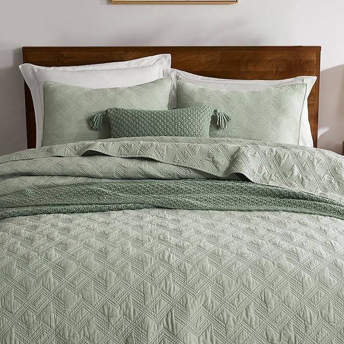 WDCOZY 100% Cotton Oversized King Quilt Set - Sage Green California Cal King Size Soft Lightweight Modern Bedspread, Farmhouse Country Rustic Coverlet, Textured Like Linen, Shabby Chic Bedding