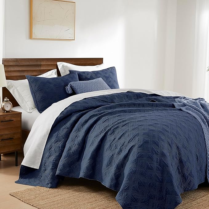WDCOZY 100% Cotton Twin Size Quilt Set - Navy Blue Pre-Washed Soft Lightweight Modern Bedspread, Farmhouse Country Rustic Coverlet, Textured Like Linen, Shabby Chic Gauze Bedding, 2 Pieces