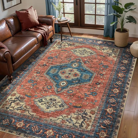 Tangsoo Washable Rug 4x6 Area Rug, Oriental Rug Indoor for Living Room, Non Slip Machine Washable Large Rugs, Soft Print Distressed Terracotta Carpet for Bedroom Dining Room Dorm Office