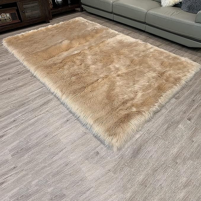 LAMBZY High Pile Super Fluffy Soft Faux Sheepskin Rug | Faux Sheepskin Rugs for Living Room Playroom Bedroom | Classic Super Soft to Touch Rug (5'x8', Beige)