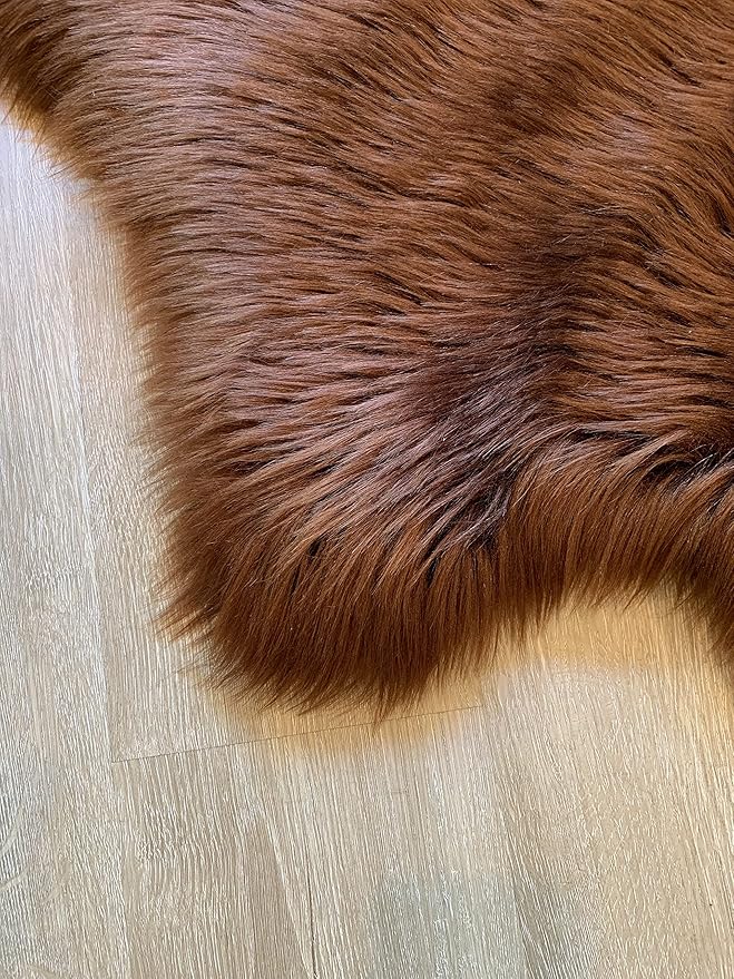 LAMBZY Faux Sheepskin Super Soft Hypoallergenic Silky Shag Rug for Living Room, Kids Room, Sofa (Quarto 4 Pelts Side by Side 3'x8', Brown)