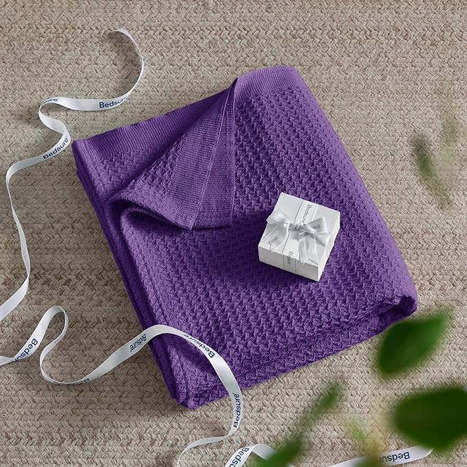 Bedsure Gentlesoft 100% Cotton Blanket King Size for Bed - Breathable and Soft, Thick Cozy Waffle Weave Christmas Blanket Gift for Women, Purple, 104x90 inches